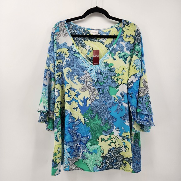 Avenue Womens Blouse Size 14/16 Blue Green Paisley Print V Neck Bell Sleeve New - Picture 1 of 7